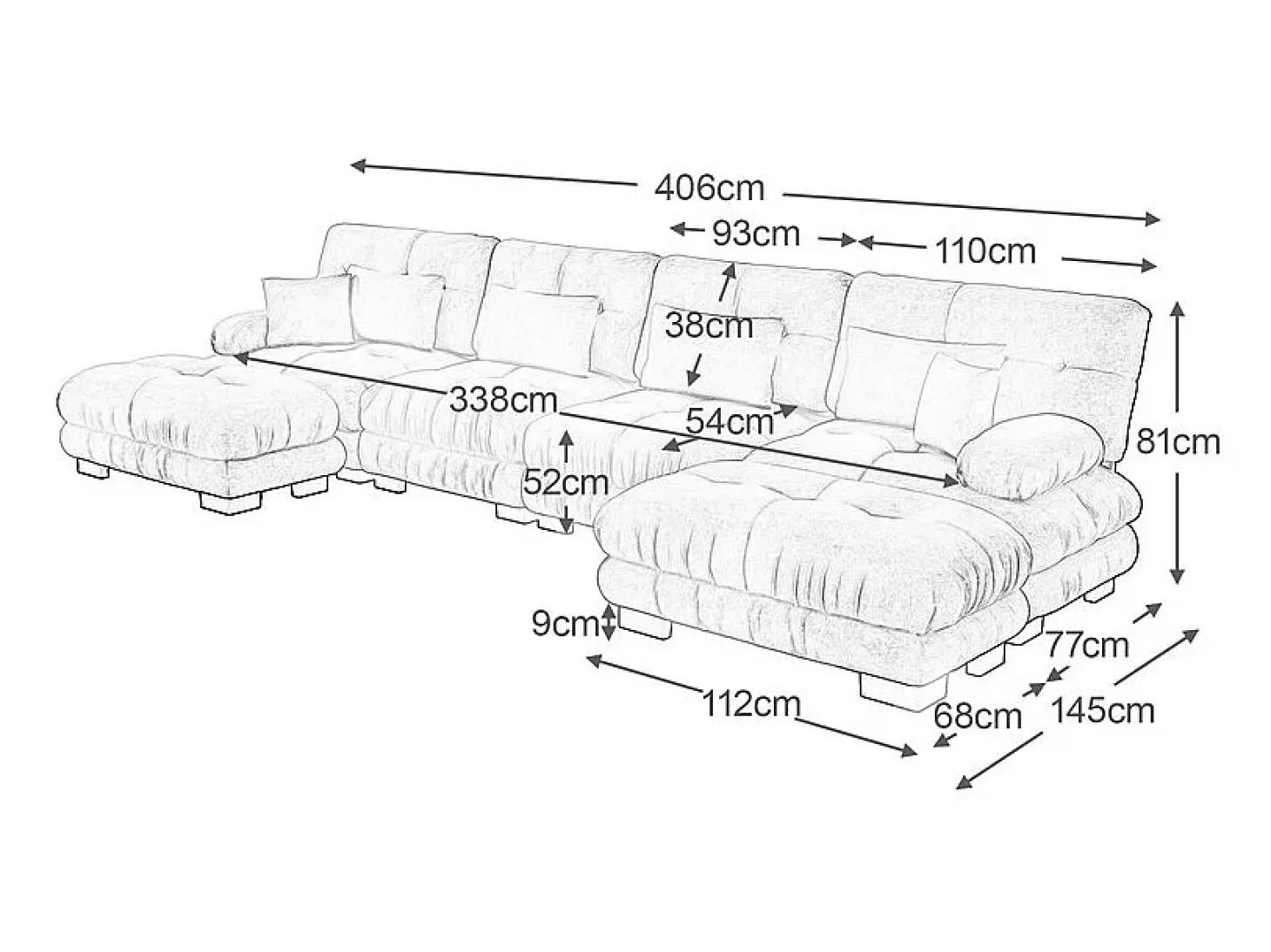 Sofá modular esquina 4 plazas - con 2 pouf y 6 cojines - DIY forma U/L - 406x145x81cm - Beige
