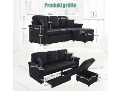 Sofá negro de 4 plazas - Sofá esquinero con iluminación LED y reposapiés con almacenaje - portavasos y bolsillos laterales - pana