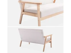 Sofá o banco con tela y patas de madera, 2 plazas beige
