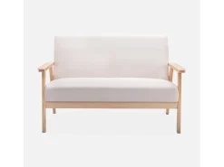 Sofá o banco con tela y patas de madera, 2 plazas beige