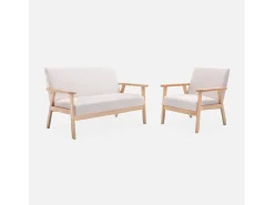 Sofá o banco con tela y patas de madera, 2 plazas beige