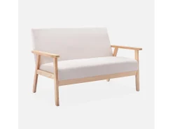Sofá o banco con tela y patas de madera, 2 plazas beige