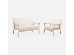 Sofá o banco de borreguito y patas de madera, 2 plazas crema