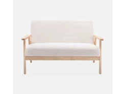 Sofá o banco de borreguito y patas de madera, 2 plazas crema
