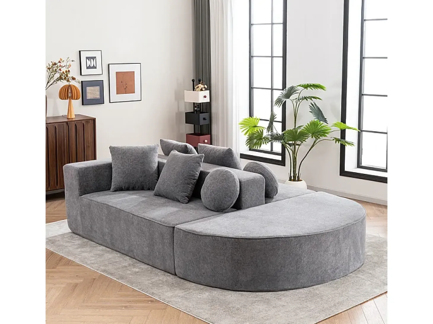 Sofá panorámico 5 plazas modular - de tejido Chenilla gris - con 6 cojines - 263x171x66cm