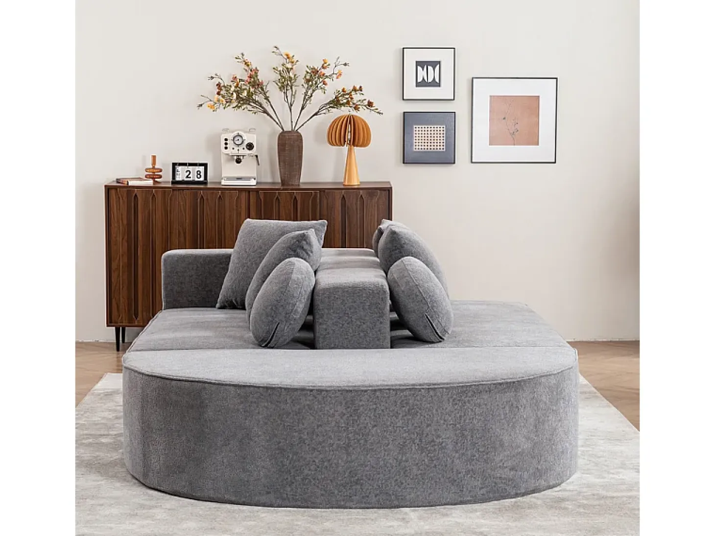 Sofá panorámico 5 plazas modular - de tejido Chenilla gris - con 6 cojines - 263x171x66cm