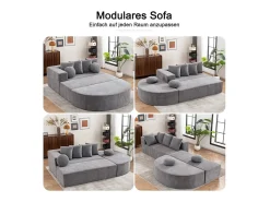 Sofá panorámico 5 plazas modular - de tejido Chenilla gris - con 6 cojines - 263x171x66cm