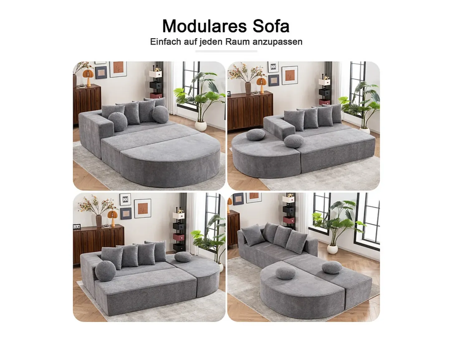 Sofá panorámico 5 plazas modular - de tejido Chenilla gris - con 6 cojines - 263x171x66cm