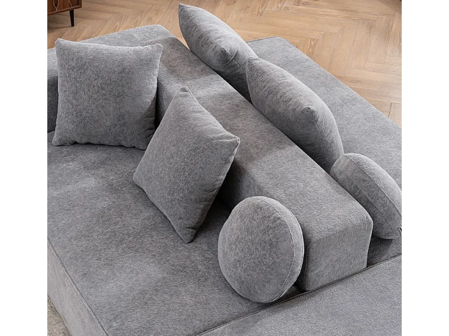 Sofá panorámico 5 plazas modular - de tejido Chenilla gris - con 6 cojines - 263x171x66cm