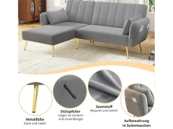 Sofá plegable de 3 plazas - 191,5 x 130 x 80 cm - sofá esquinero con función cama - terciopelo - gris
