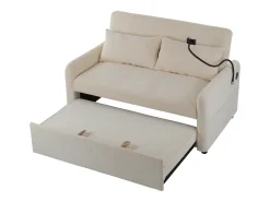 Sofá plegable de 2 plazas de chenilla beige con puerto USB y soporte para teléfono, ideal para salón y dormitorio