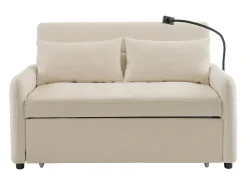 Sofá plegable de 2 plazas de chenilla beige con puerto USB y soporte para teléfono, ideal para salón y dormitorio