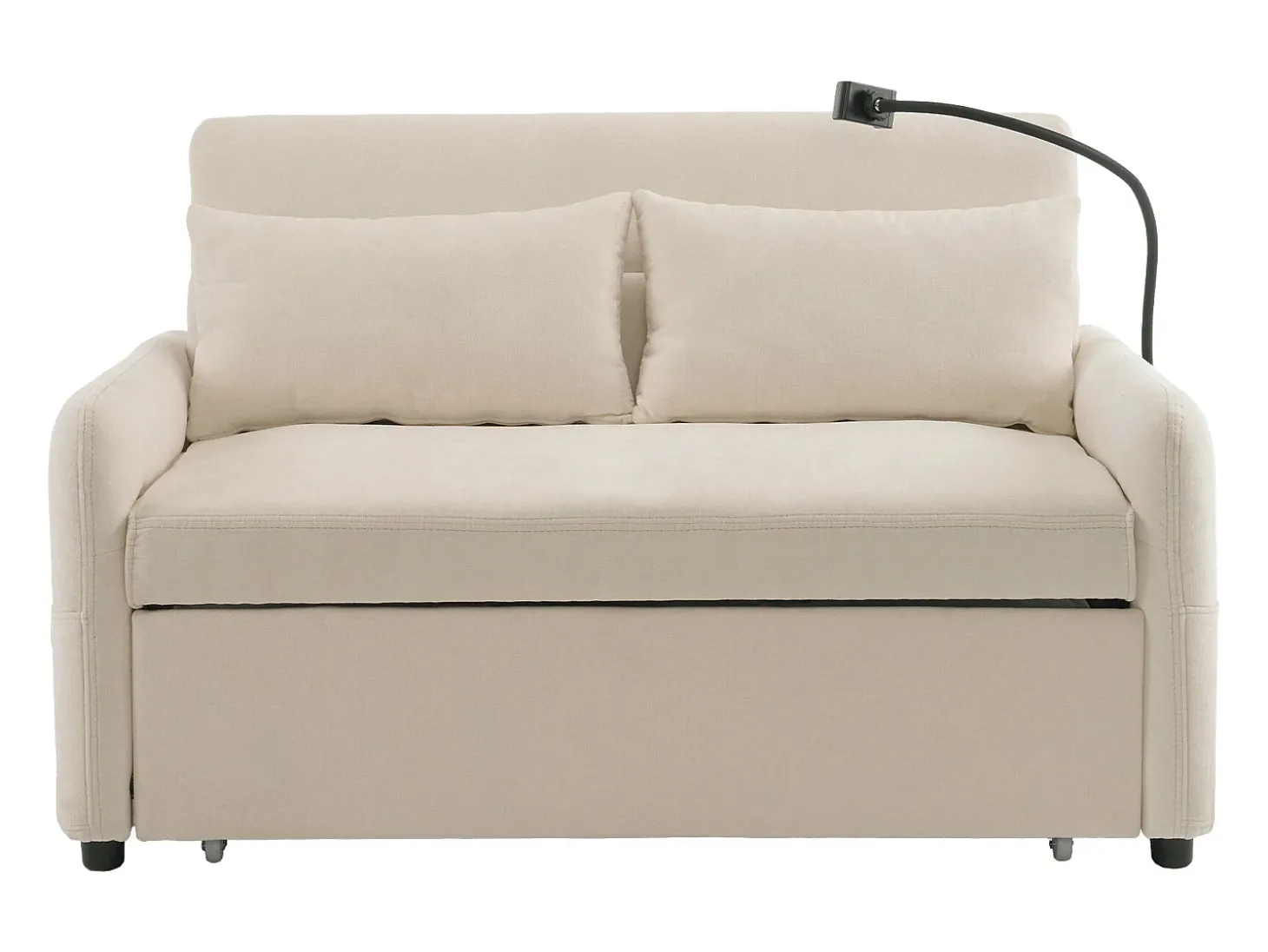 Sofá plegable de 2 plazas de chenilla beige con puerto USB y soporte para teléfono, ideal para salón y dormitorio