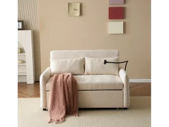Sofá plegable de 2 plazas de chenilla beige con puerto USB y soporte para teléfono, ideal para salón y dormitorio