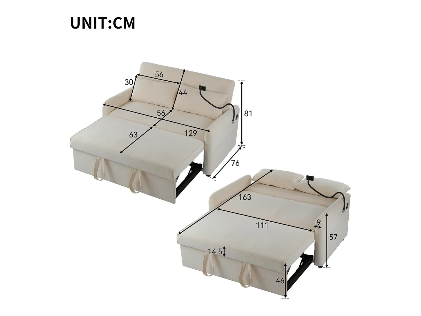 Sofá plegable de 2 plazas de chenilla beige con puerto USB y soporte para teléfono, ideal para salón y dormitorio
