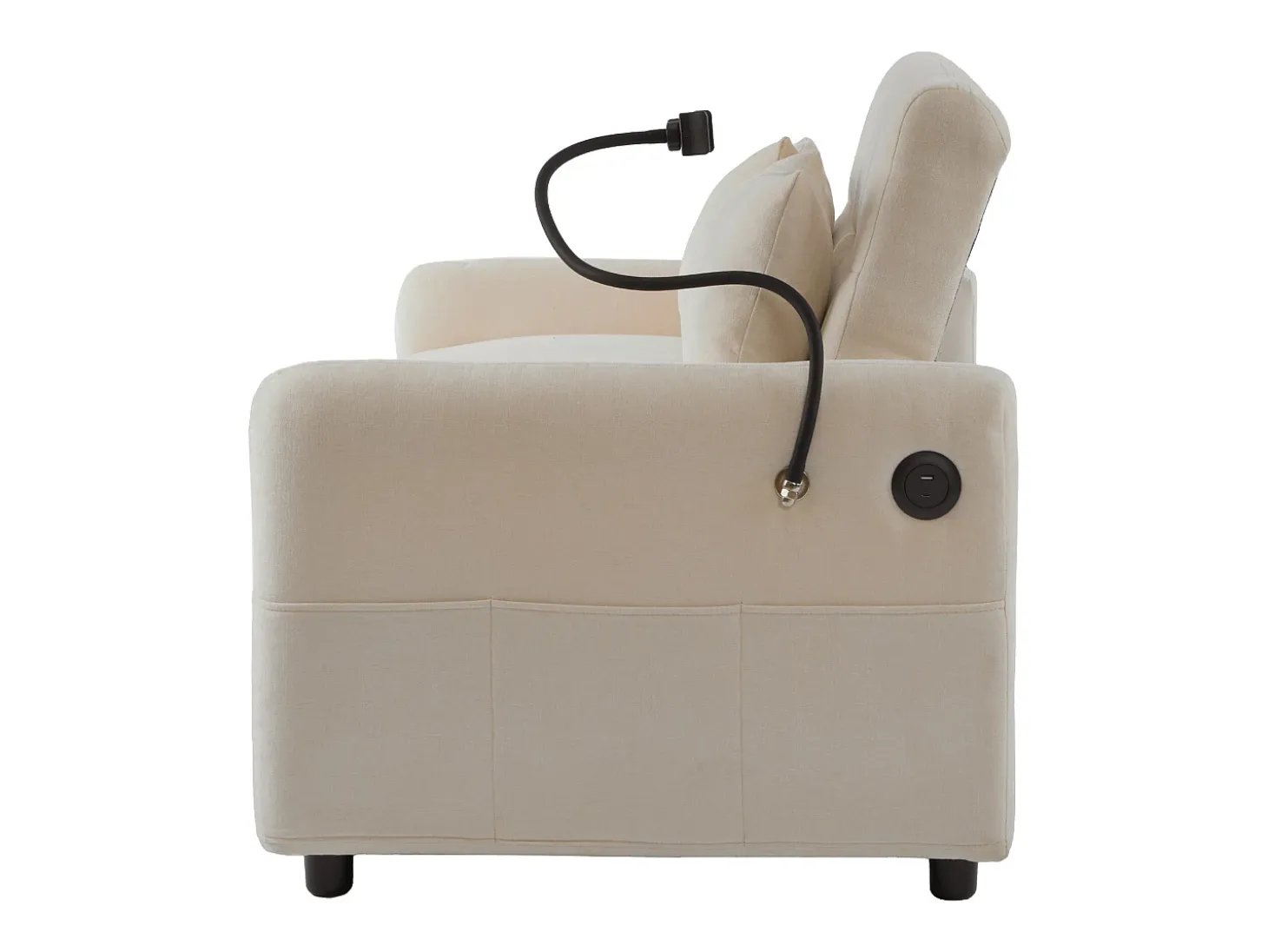 Sofá plegable de 2 plazas de chenilla beige con puerto USB y soporte para teléfono, ideal para salón y dormitorio