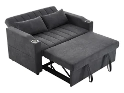Sofá plegable de 2 plazas, terciopelo gris, con respaldo ajustable y portavasos, para salón o dormitorio