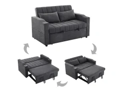 Sofá plegable de 2 plazas, terciopelo gris, con respaldo ajustable y portavasos, para salón o dormitorio