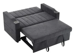 Sofá plegable de 2 plazas, terciopelo gris, con respaldo ajustable y portavasos, para salón o dormitorio