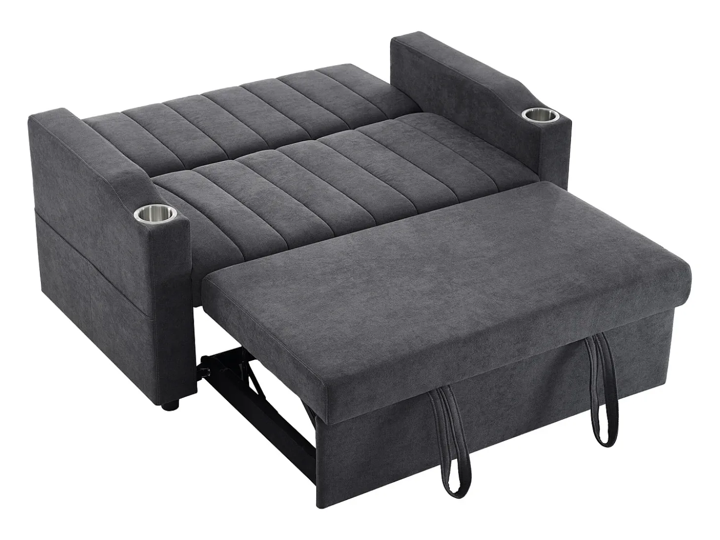 Sofá plegable de 2 plazas, terciopelo gris, con respaldo ajustable y portavasos, para salón o dormitorio