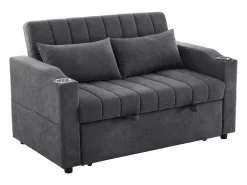 Sofá plegable de 2 plazas, terciopelo gris, con respaldo ajustable y portavasos, para salón o dormitorio