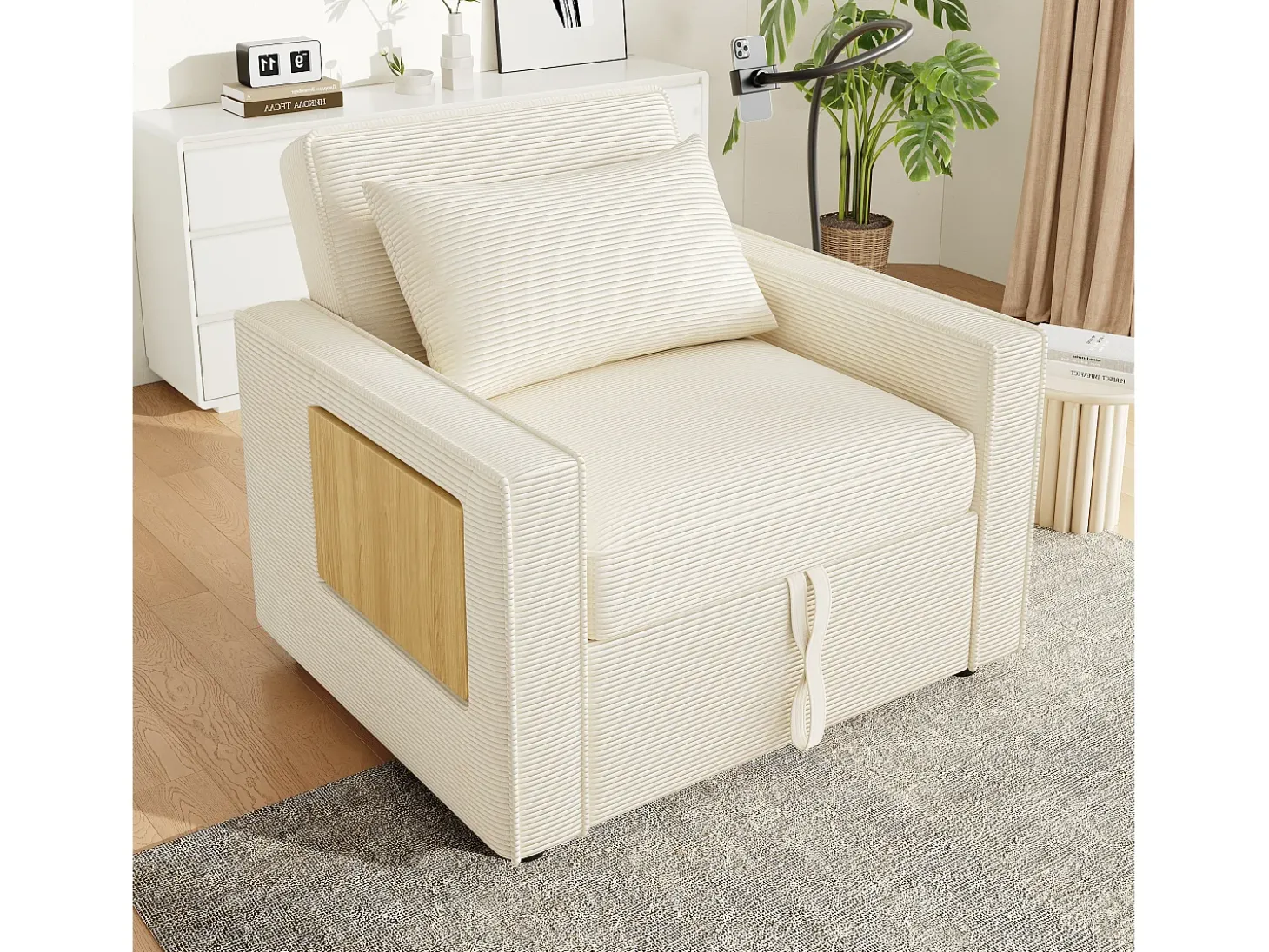 Sofá plegable multifunción - con puertos de carga USB - con soporte para teléfono - Tejido de pana - Beige