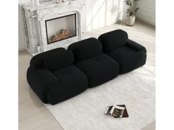 Sofá recto con reposabrazos curvos - Sofá de 3 plazas con respaldo y cojines decorativos - pana negra
