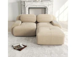 Sofá recto de 2 plazas con reposapiés y cojines - Pana beige