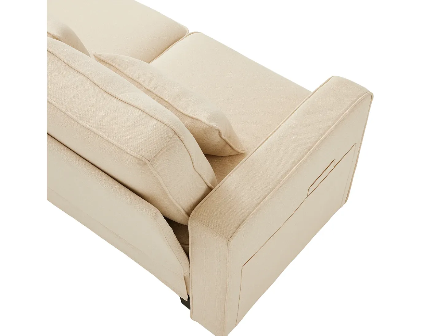 Sofá recto de 4 plazas con consola - 2 portavasos y USB - bolsillos laterales y 4 almohadas - tejido de lino (beige)