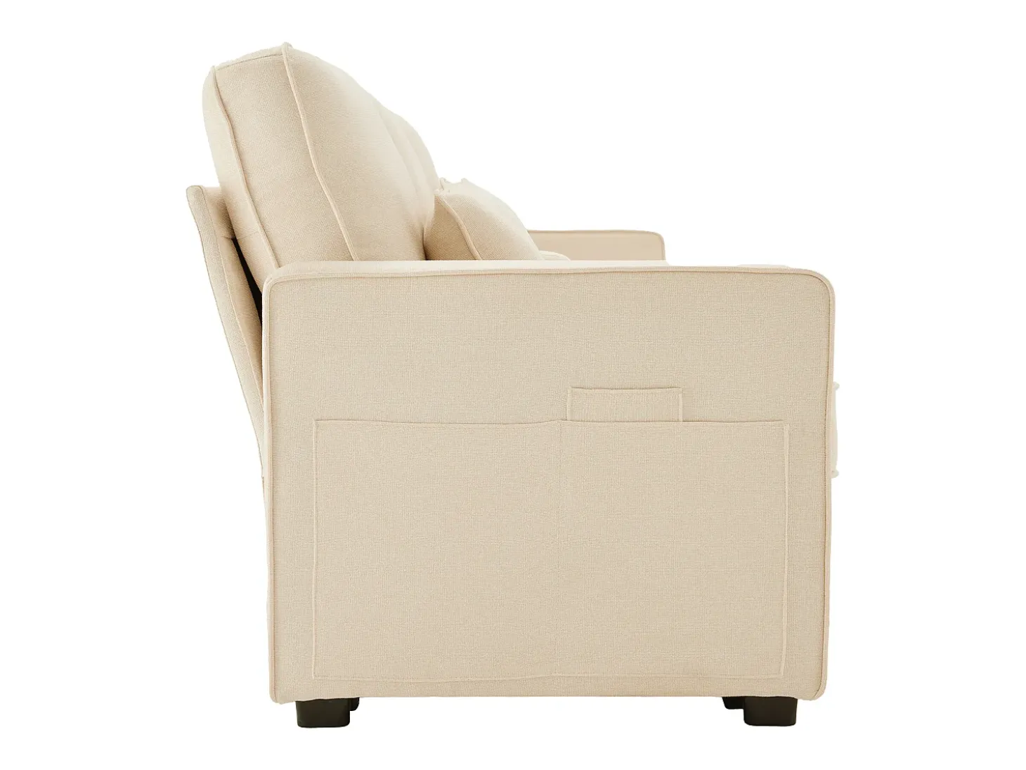 Sofá recto de 4 plazas con consola - 2 portavasos y USB - bolsillos laterales y 4 almohadas - tejido de lino (beige)