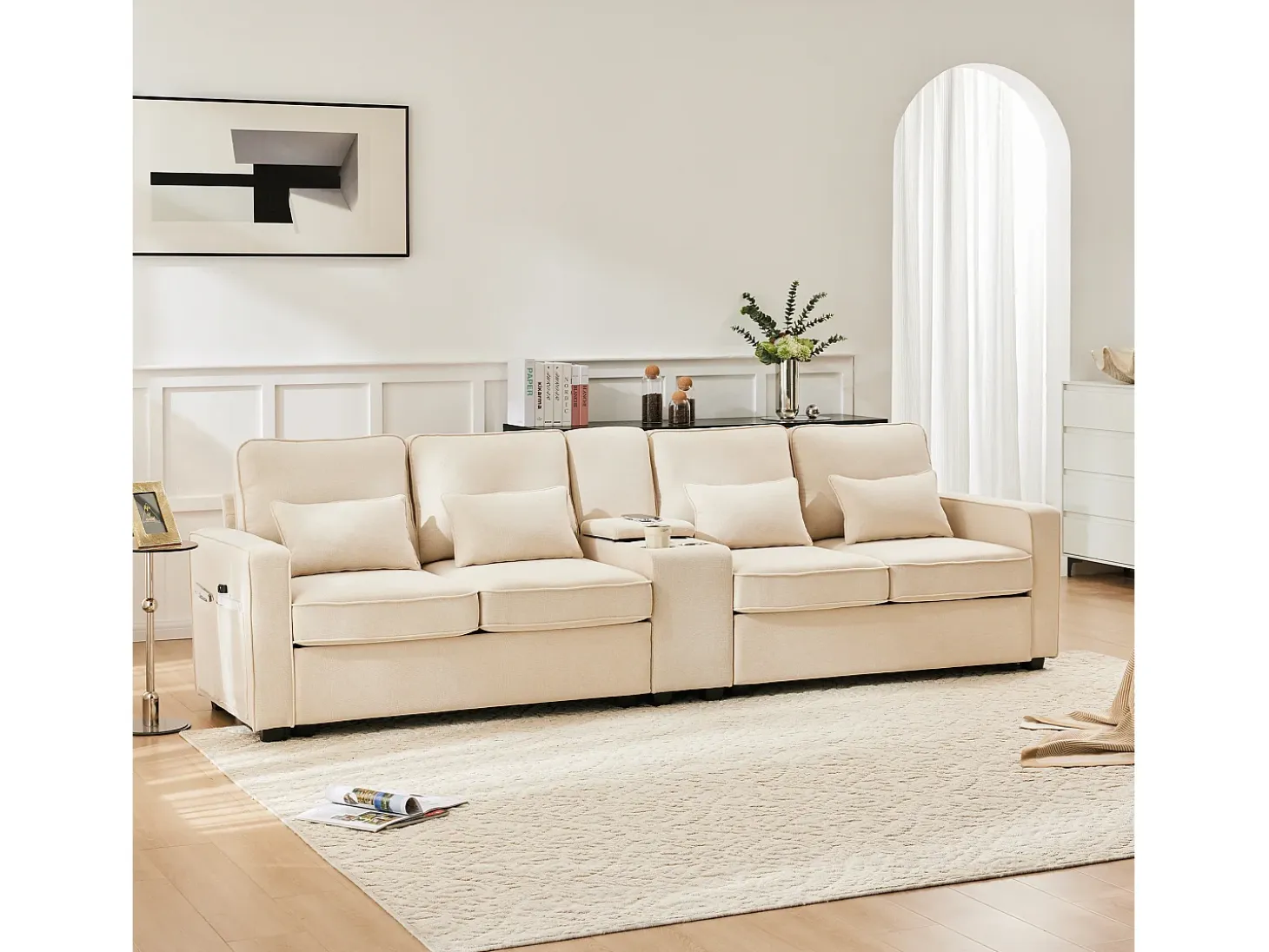 Sofá recto de 4 plazas con consola - 2 portavasos y USB - bolsillos laterales y 4 almohadas - tejido de lino (beige)