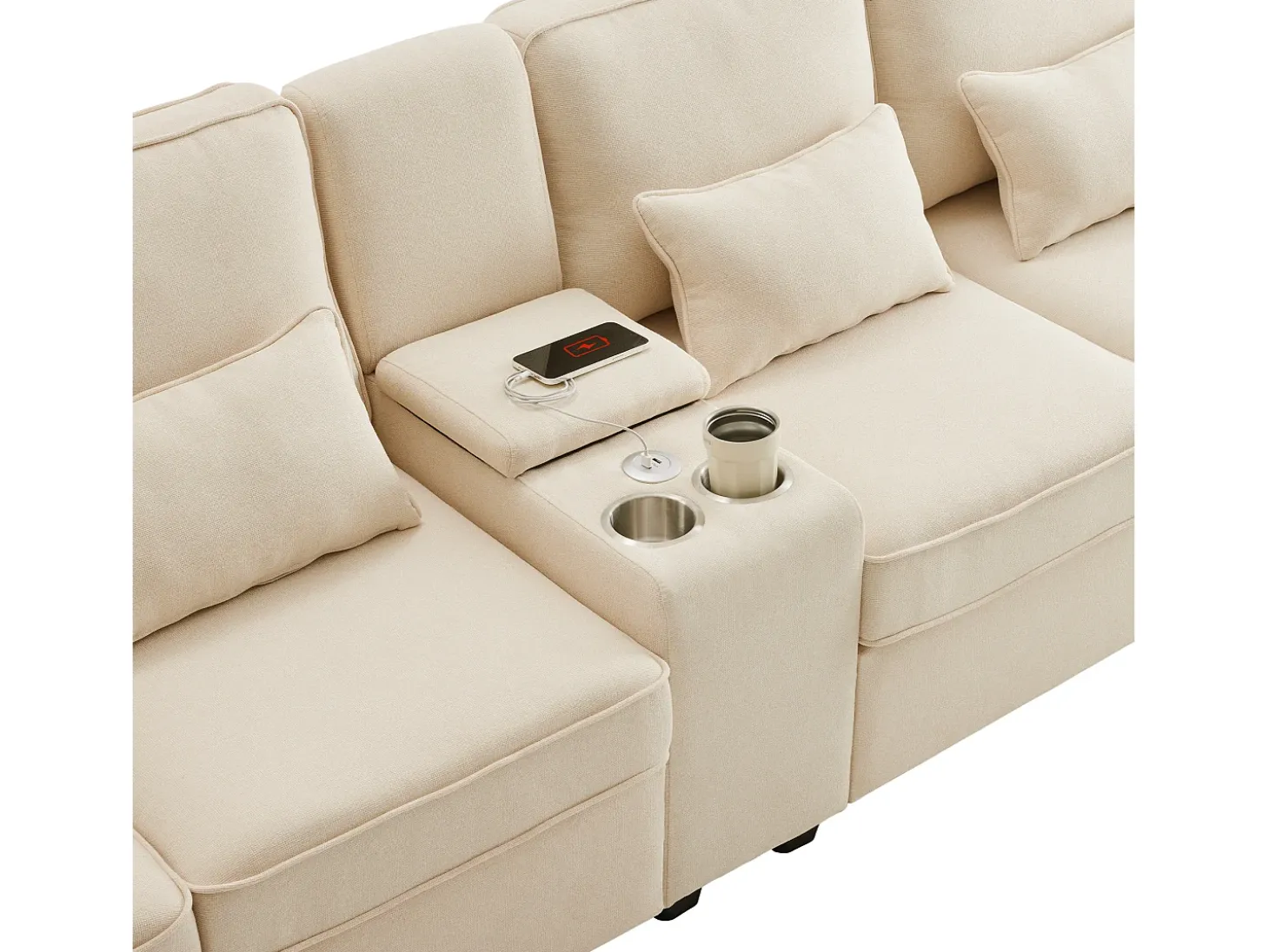 Sofá recto de 4 plazas con consola - 2 portavasos y USB - bolsillos laterales y 4 almohadas - tejido de lino (beige)