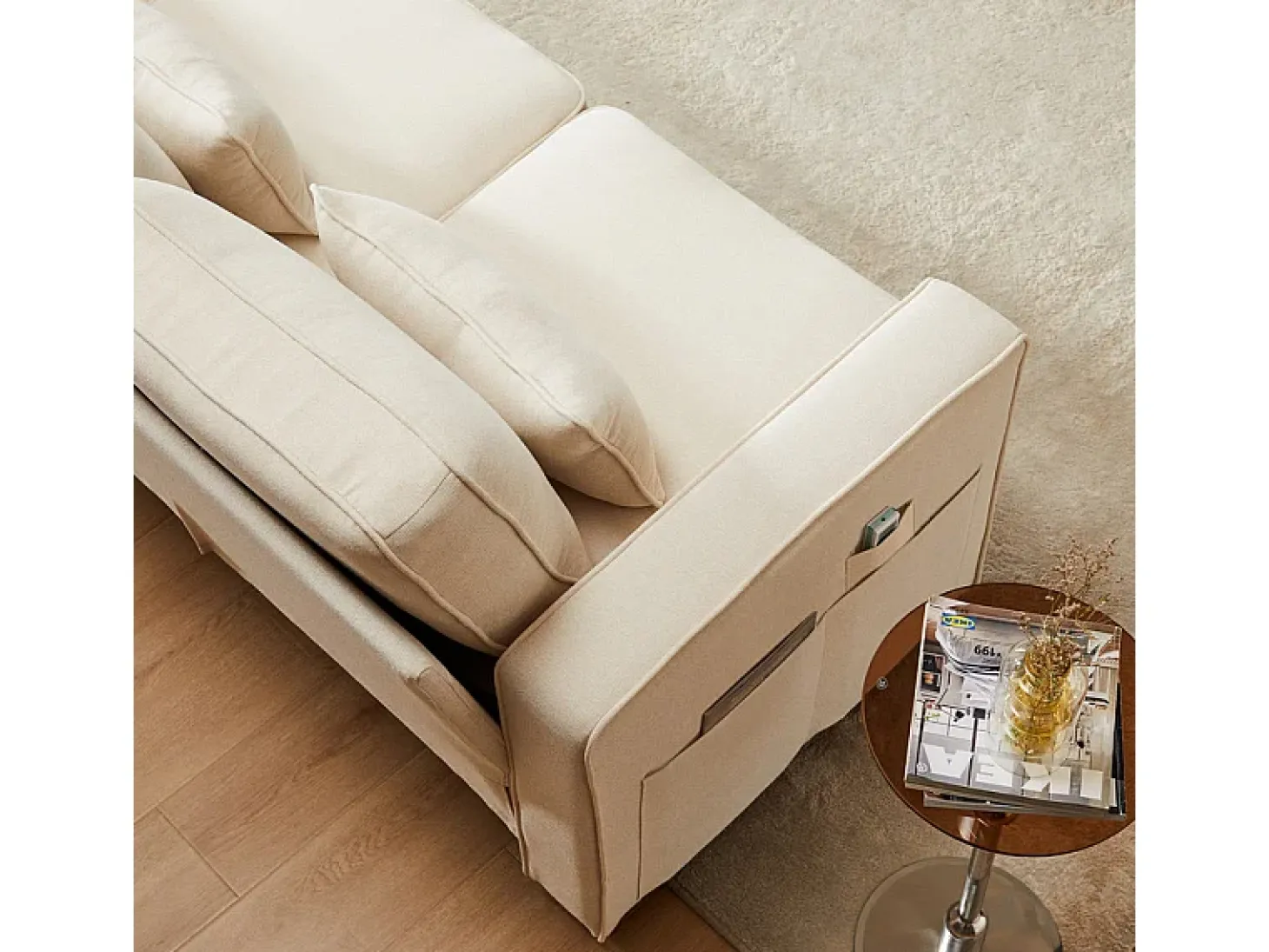 Sofá recto de lino beige - 4 plazas - con bolsillos en los reposabrazos y 4 cojines - 264x83x87cm