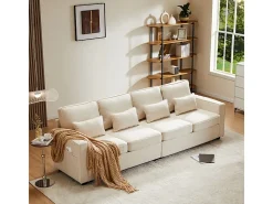 Sofá recto de lino beige - 4 plazas - con bolsillos en los reposabrazos y 4 cojines - 264x83x87cm
