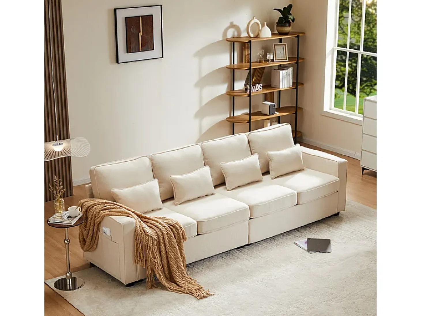 Sofá recto de lino beige - 4 plazas - con bolsillos en los reposabrazos y 4 cojines - 264x83x87cm