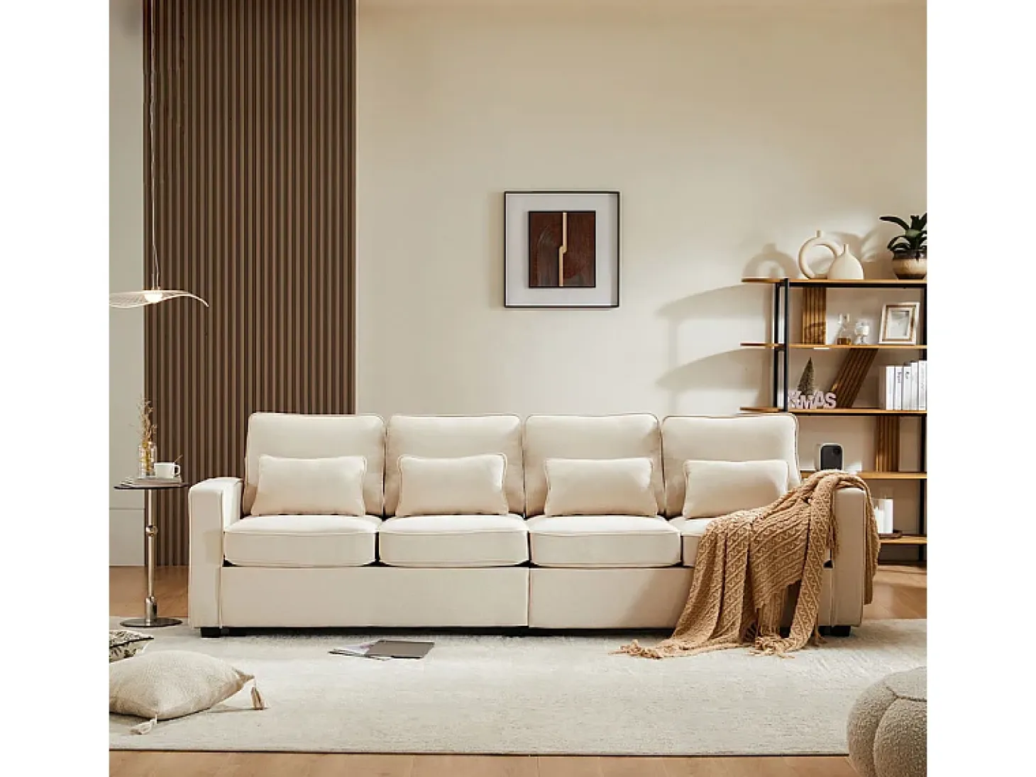 Sofá recto de lino beige - 4 plazas - con bolsillos en los reposabrazos y 4 cojines - 264x83x87cm