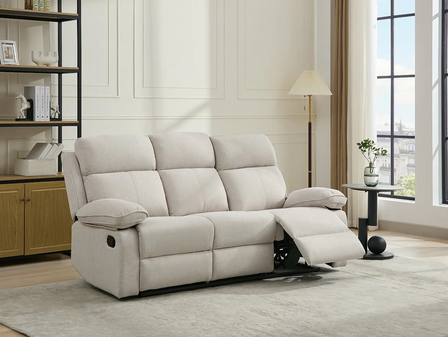 Sofá relax de 3 plazas de tela chenilla color beige LANA
