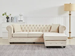 Sofá rinconera chesterfield reversible de terciopelo beige TOLEDO
