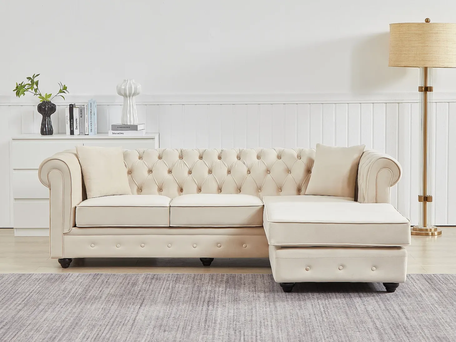 Sofá rinconera chesterfield reversible de terciopelo beige TOLEDO