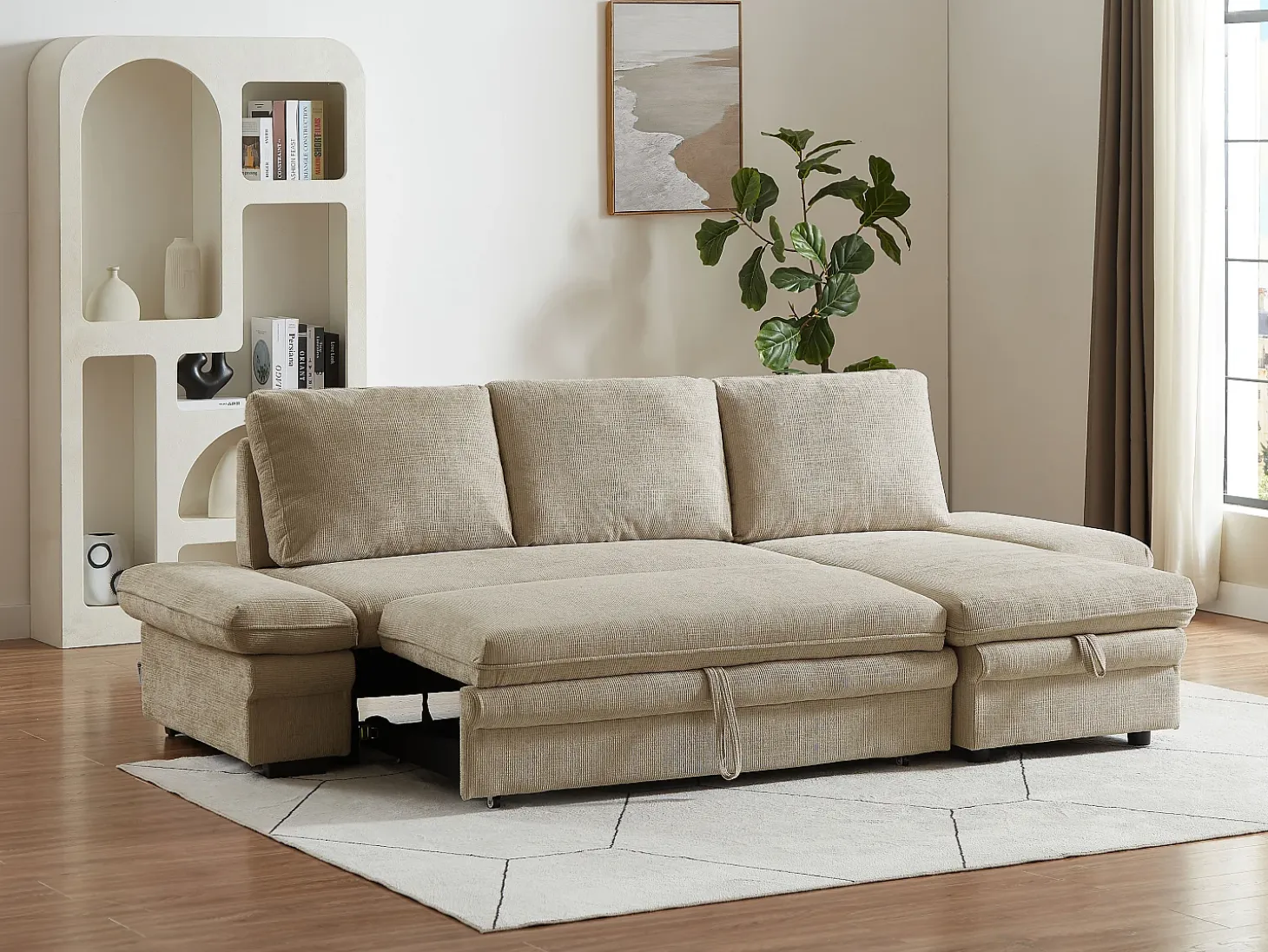 Sofá rinconera convertible y reversible en chenilla beige SIVIARA