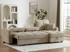 Sofá rinconera convertible y reversible en chenilla beige LUMARIO