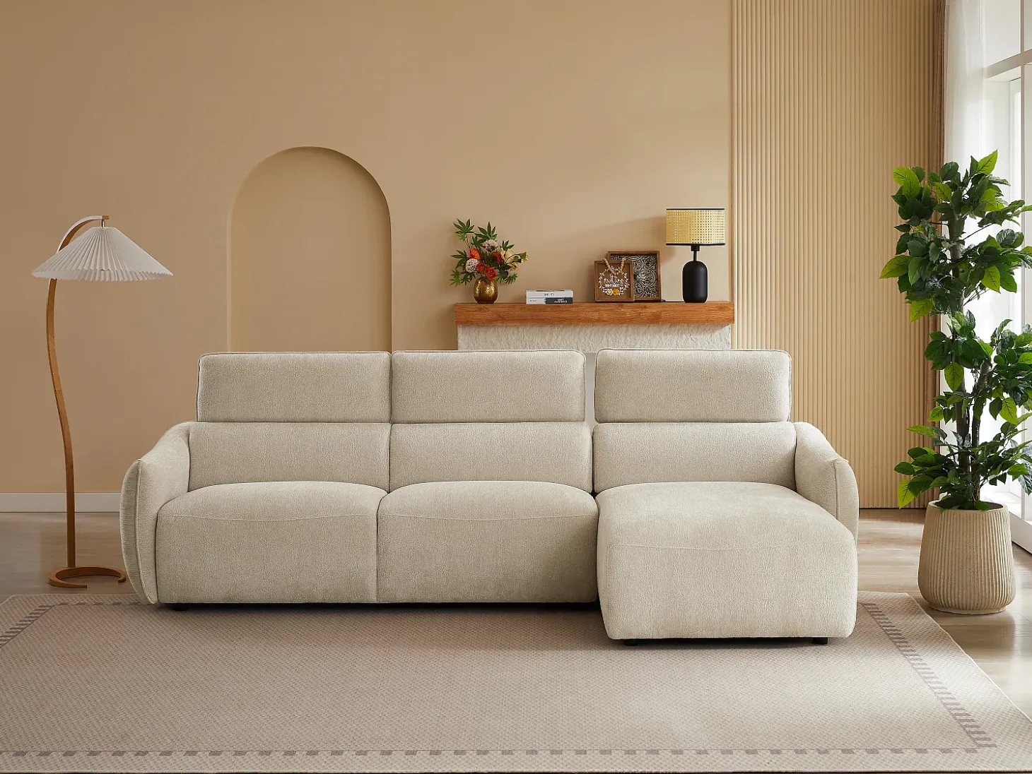 Sofá rinconera derech en chenilla beige TAZIZA