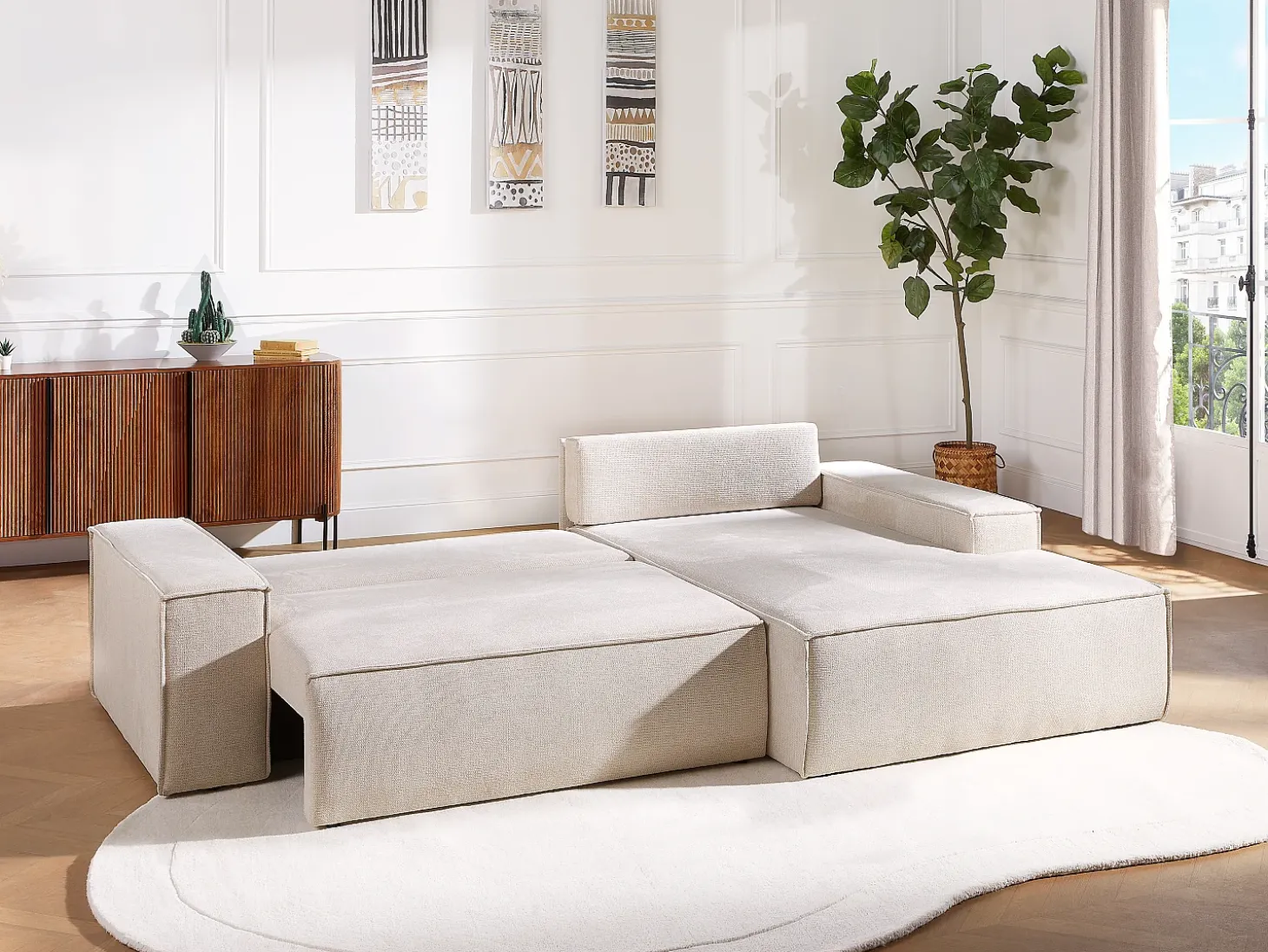 Sofá rinconera derecha convertible en tela texturizada beige AMELIA