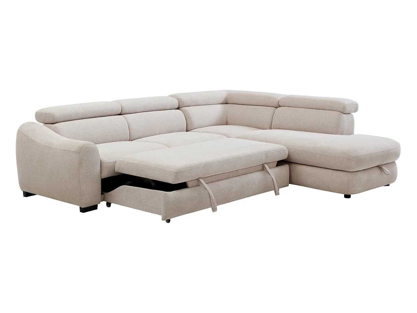 Sofá rinconera derecha convertible en tela texturizada beige BESEMA