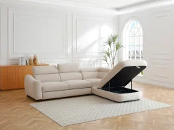 Sofá rinconera derecha convertible en tela texturizada beige BESEMA