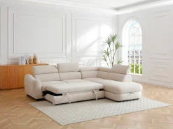 Sofá rinconera derecha convertible en tela texturizada beige BESEMA