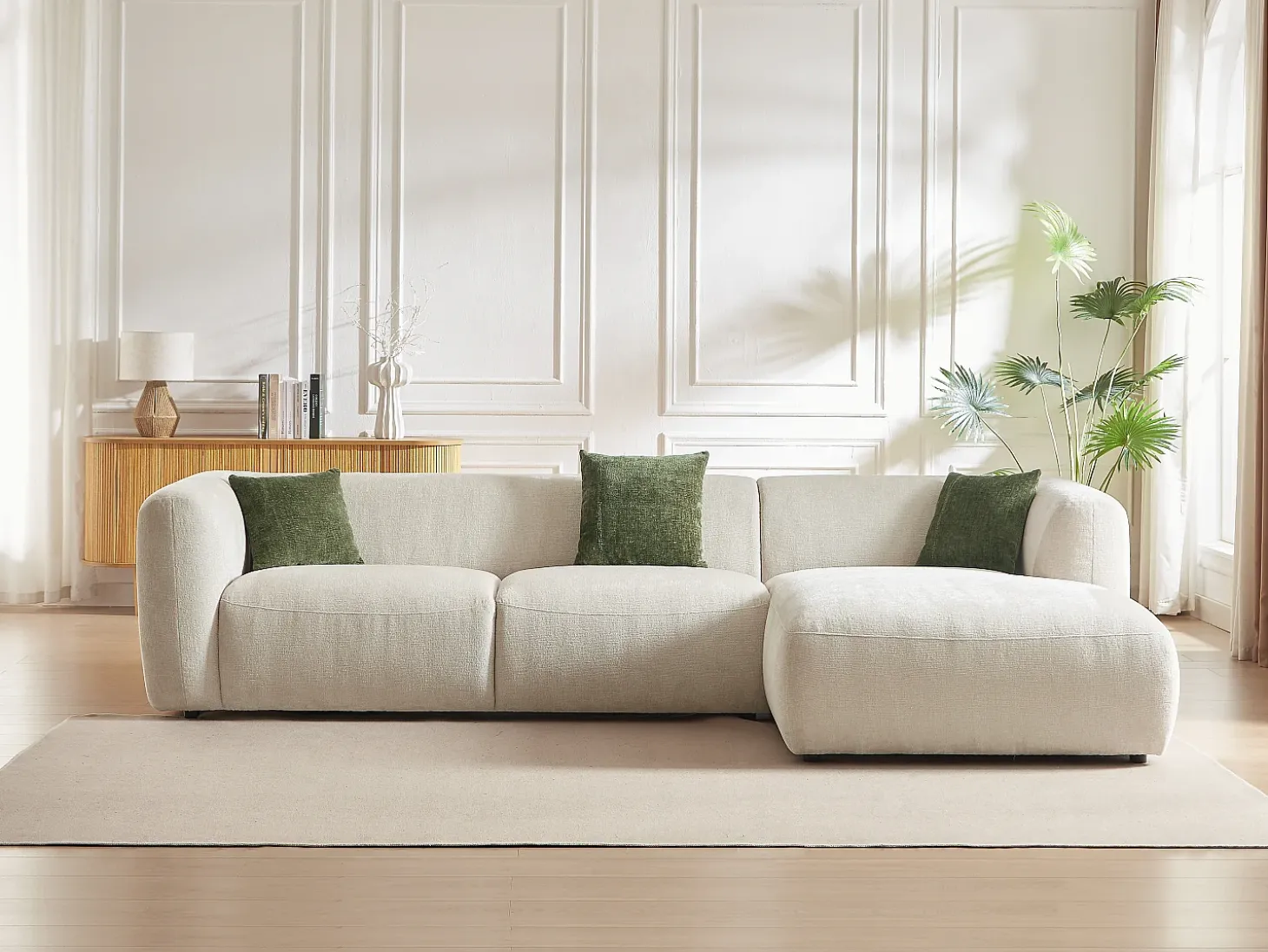 Sofá rinconera derecha de tela beige estilo contemporáneo TANCAVO
