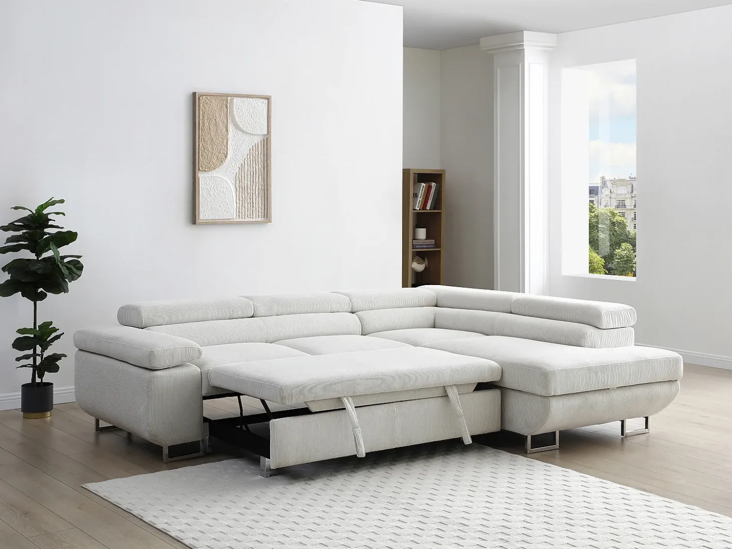 Sofá rinconera derecha de pana beige NURAZIO