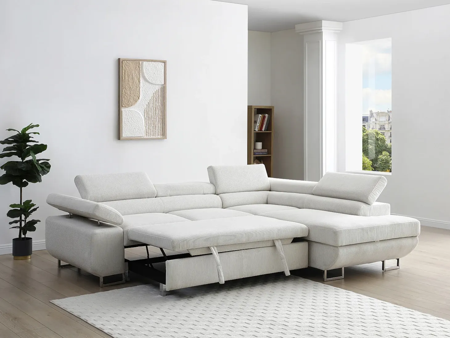 Sofá rinconera derecha de pana beige NURAZIO