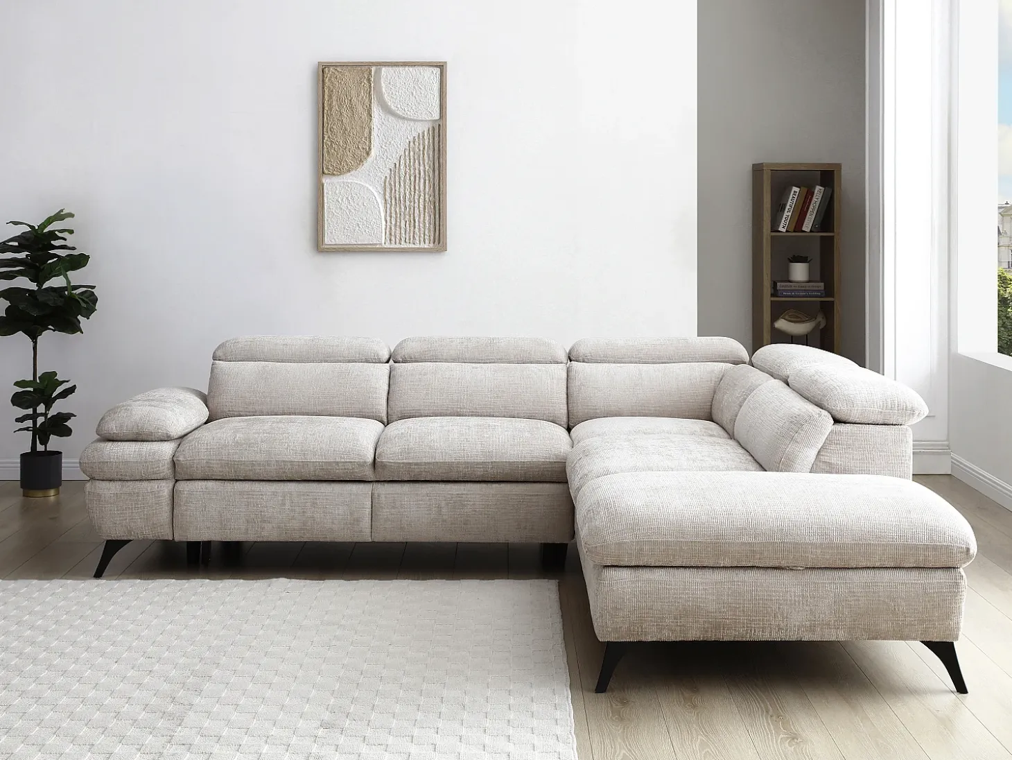 Sofá rinconera derecha en tela texturizada beige con almacenamiento oculto SURDELI
